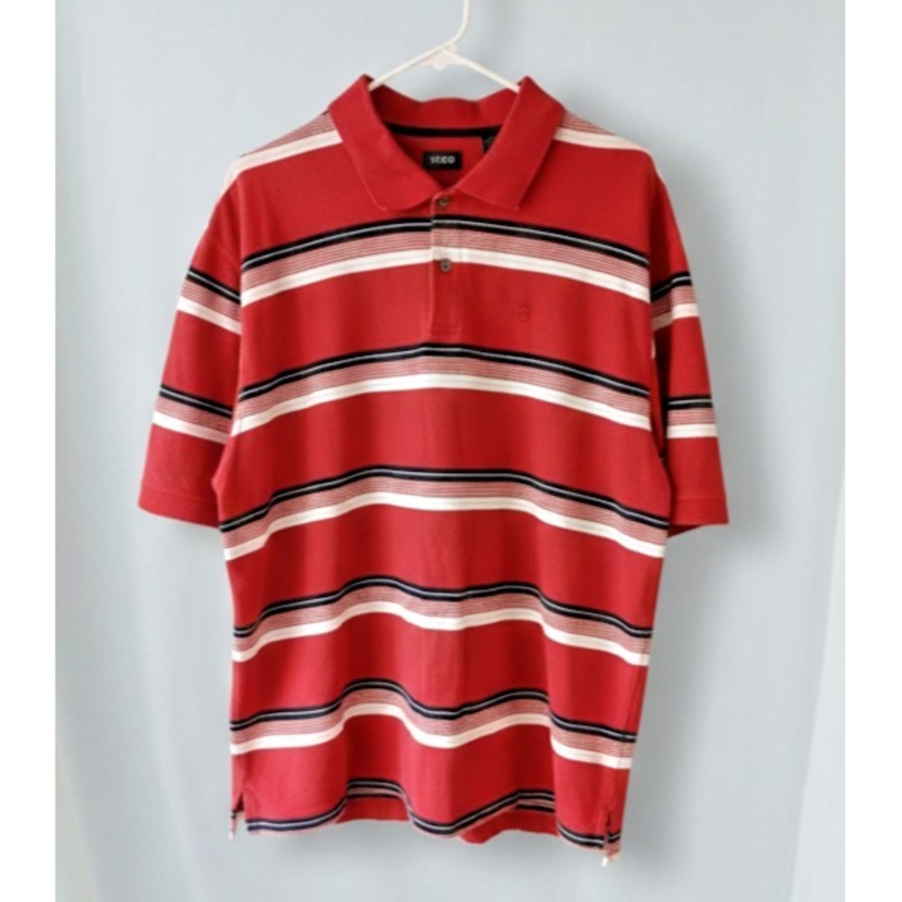 Izod Mens Polo Shirt XXL Red White Blue Striped‎ Short Sleeve Pique Knit